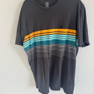 Volcom Men's Black Tee with Orange and Blue Stripes